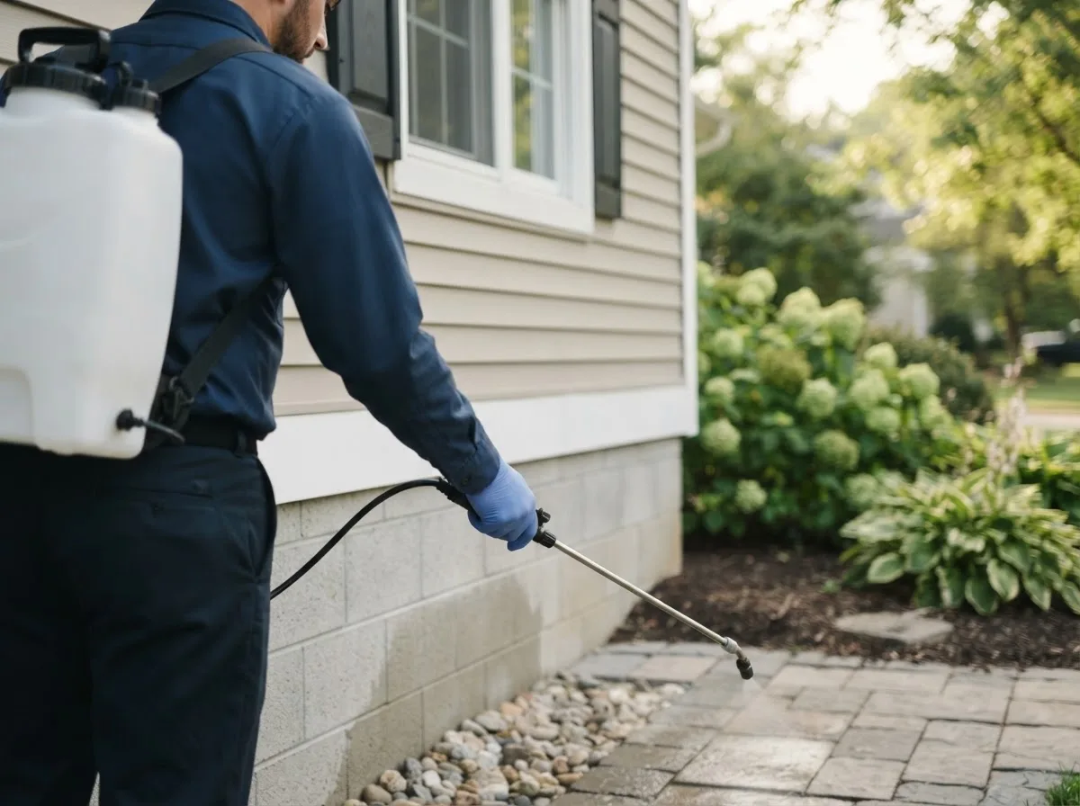 Pest control technician inspecting a home in Perry, OK